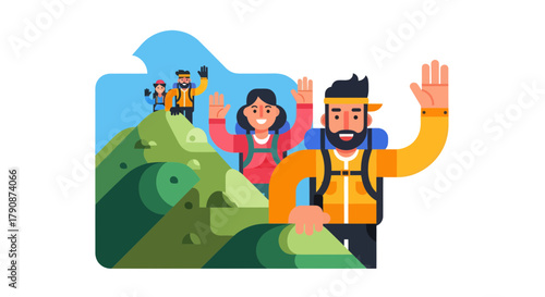 Adventurous Friends Celebrating Hiking Success on a Mountain Peak Together