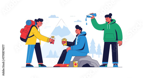 Adventurous Friends Enjoying Refreshments And Sustenance During Their Mountain Hike