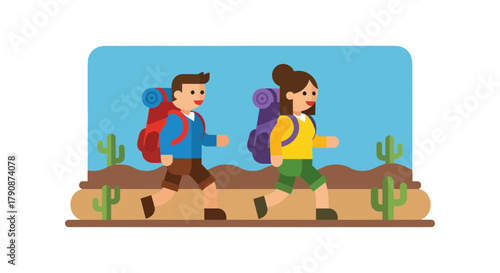 Adventurous Couple Trekking Through A Desert Landscape With Cacti Under A Beautiful Sky