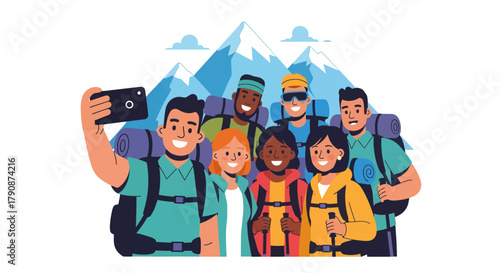 Adventurous Group Enjoying Moments in Mountains with Backpacks and Smartphone Capturing