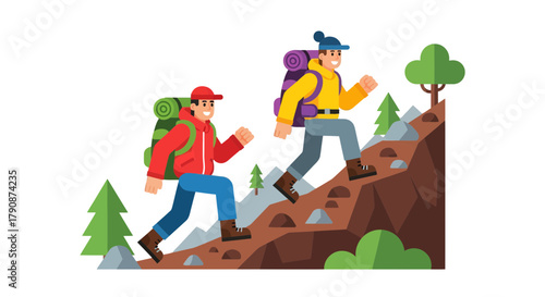 Adventurous Couple Trekking Uphill Towards Mountain Peak Under A Vivid Vibrant Sky