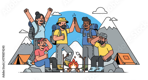 Adventurous Group Enjoying the Outdoors While Camping and Relaxing Together