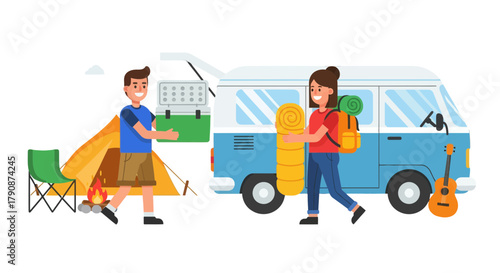 Adventurous Couple Unloading Camping Gear Next To A Van For A Great Outdoor Adventure