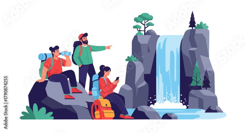 Adventurous Group Enjoying Waterfall Scene Illustrating Hiking and Nature Exploration