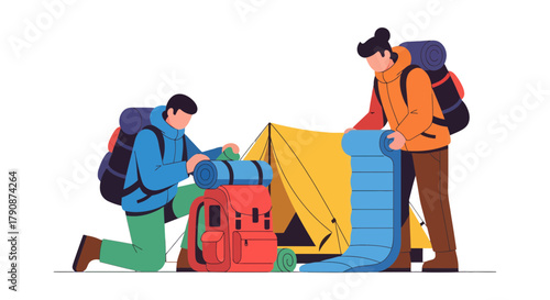 Adventurous Couple Unpacking Gear and Preparing For A Camp Experience On A Mountain