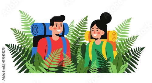 Adventurous Couple With Backpacks Exploring Nature Amidst Lush Green Foliage