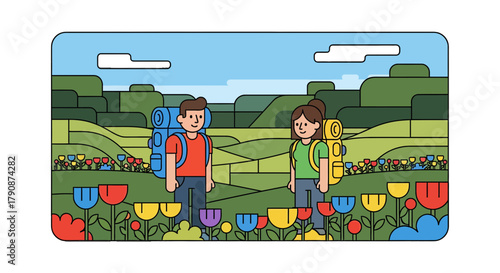 Adventurous Couple With Backpacks Exploring Nature During A Sunny Day Trip