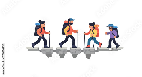 Adventurous Group Hiking across Rocky Formations in a Wilderness Setting with Backpacks