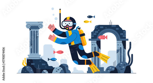 Adventurous Diver Explores Ancient Underwater Ruins Amidst Marine Life Abundance