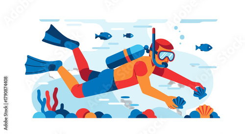 Adventurous Diver Explores Ocean Depths Collecting Seashells in Beautiful Marine Environment