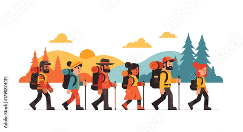 Adventurous Group Hiking Through Majestic Scenery Towards Their Next Exploration Destination