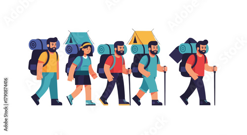 Adventurous Group Hiking Through Scenic Landscape Wearing Backpacks Together