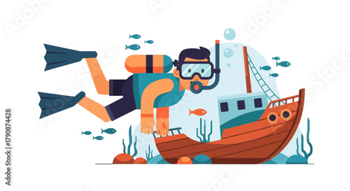 Adventurous Diver Explores Sunken Ship: Underwater Exploration and Discovery Illustration