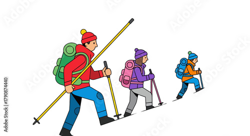 Adventurous Group Hiking Together Against a Black Background, Ascending a Hill