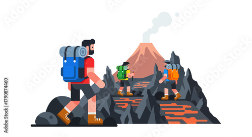 Adventurous Group Hiking Towards Volcanic Eruption In Colorful Vector Illustration