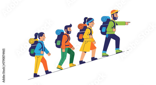 Adventurous Group Hiking Uphill With Backpacks Towards the Summit Destination