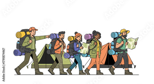 Adventurous Group Hiking Together, Exploring Nature, Achieving Wonderful Trail Experiences