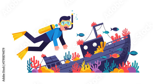 Adventurous Diver Explores Sunken Ship: A Vibrant Underwater Marine Scene Display