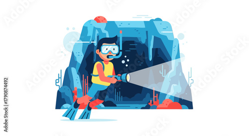 Adventurous Diver Exploring Marine Caverns With A Powerful Underwater Flashlight