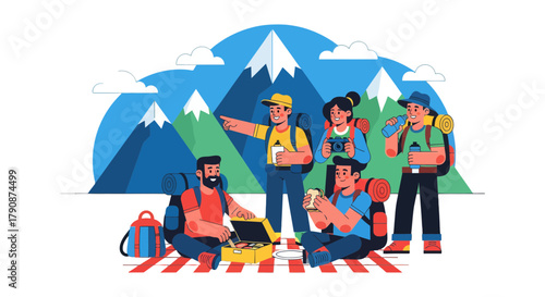 Adventurous Group Of Friends Hiking Through The Mountains Enjoying A Picnic Together