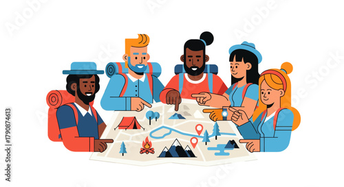 Adventurous Group Plans Excursion, Examining Map, Outdoors, Destination, And Exploration