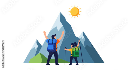 Adventurous Duo Hiking Mountains Under Sunlight and Exploring Nature Together