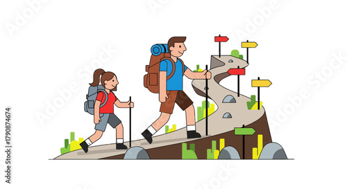 Adventurous Duo Hiking on Treacherous Trail with Scenic Views and Bright Signs