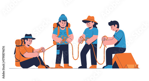 Adventurous Group Preparing Ropes and Equipment For Climbing Adventure Activity