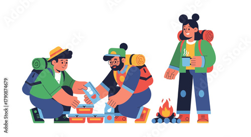 Adventurous Group Preparing Food While Camping Enjoying Warmth From Campfire