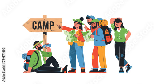 Adventurous Group Seeking Camp, Outdoors Expedition, Nature Exploration, And Direction Finding