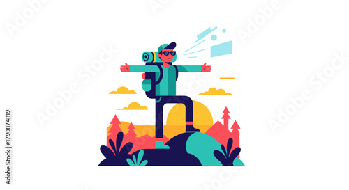 Adventurous Hiker Appreciates Nature And Celebrates The Beautiful Sunrise View