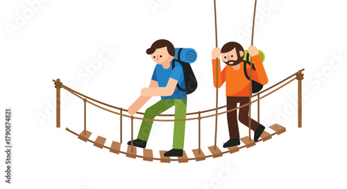 Adventurous Duo Navigating Suspended Bridge Across Void Symbolizing Obstacles