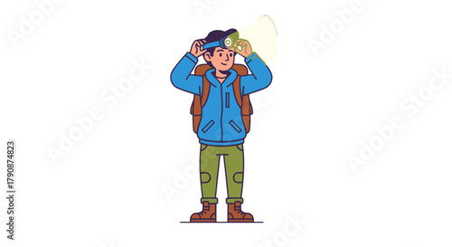 Adventurous Hiker Adjusts Headlamp for Exploration During Night Adventure