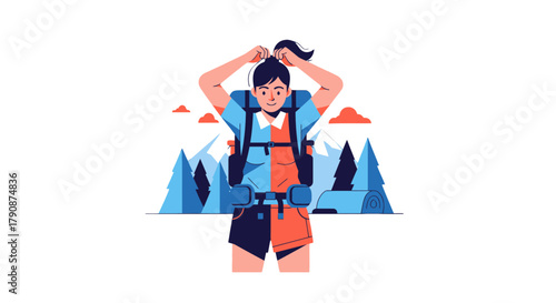 Adventurous Hiker Adjusting Her Hair, Ready to Explore the Breathtaking Mountain Peaks