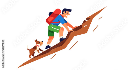 Adventurous Hiker And Canine Companion Ascending Rocky Terrain Against a Black Backdrop
