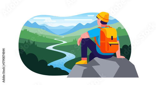 Adventurous Hiker Appreciates Serene Vista Of Mountainous Territory View And Exploration
