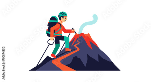 Adventurous Hiker Ascending a Smoking Volcano Peak Over an Obsidian Backdrop