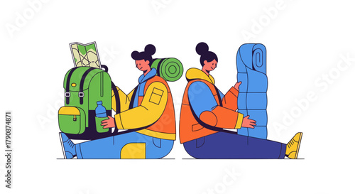 Adventurous Duo Preparing For Camping Trip With Backpacks And Sleeping Gear