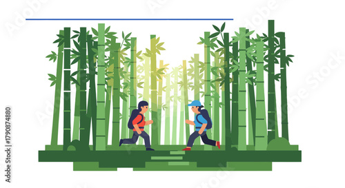 Adventurous Duo Sprinting Through Dense Bamboo Forest With Backpacks During Adventure