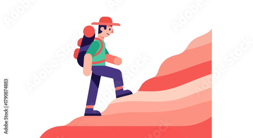 Adventurous Hiker Ascending a Stylized Mountain Against a Black Backdrop Illustration