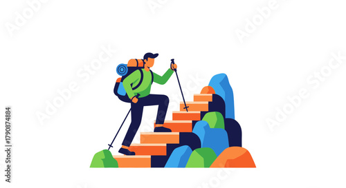 Adventurous Hiker Ascending Staircase, Striving For Progress and Reaching Their Goals