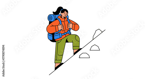 Adventurous Hiker Ascends Rocky Terrain with Backpack for Wilderness Exploration