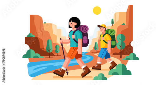 Adventurous Duo Trekking Across A Scenic Landscape During A Moonlit Hike