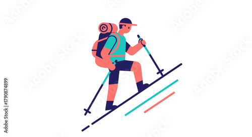 Adventurous Hiker Ascending a Steep Terrain with Vibrant Colors on Black Backdrop