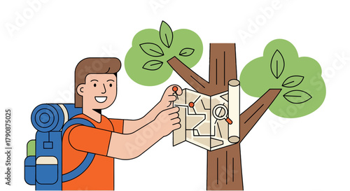 Adventurous Explorer Reviews Trail Map While Attached To The Wooden Arboreal Habitat