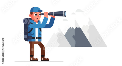 Adventurous Explorer Uses Telescope to Admire Towering Mountains Underneath the Sky