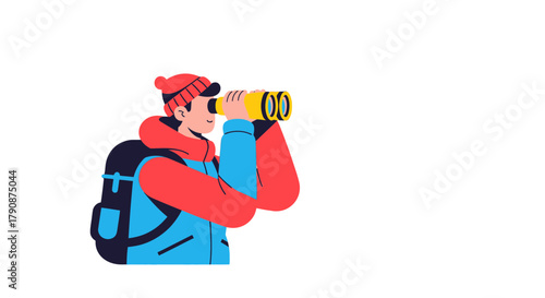 Adventurous Explorer With Binoculars Gazing Into the Distance Against Black Background