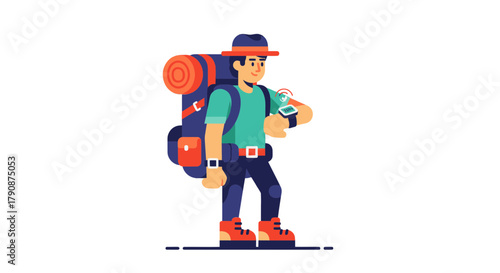 Adventurous Hiker Checking Smartwatch for Navigation, Isolated on Black Background