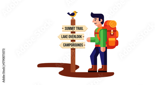 Adventurous Hiker Choosing Their Path at a Trailblazing Directional Sign