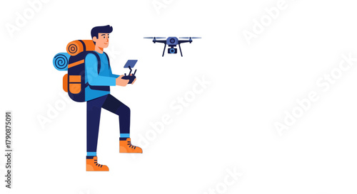 Adventurous Hiker Controls Drone, Capturing Scenic Views for Exploration and Photography